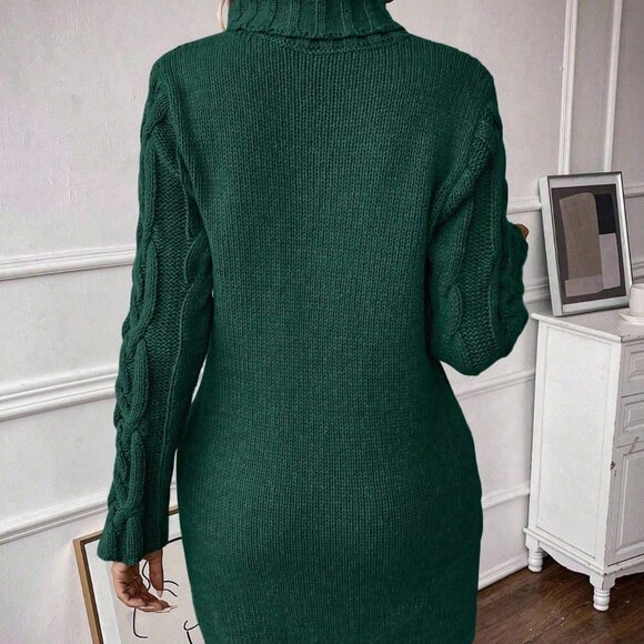 Dark Green Casual Women's Christmas Turtleneck Knit Dress - Picture 2 of 7